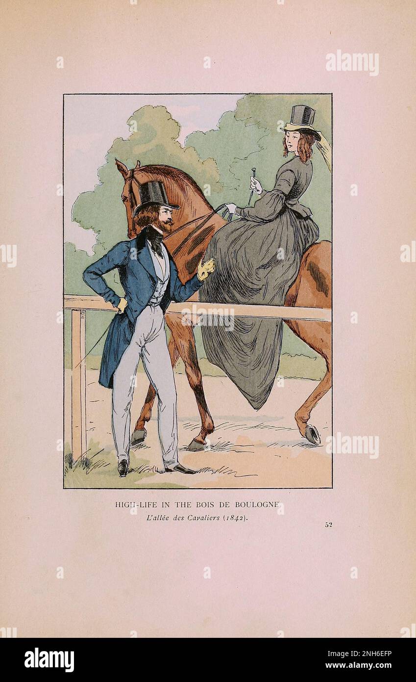 Mode vintage à Paris. Haute vie dans le Bois de Boulogne. L'Alee de Cavaliers, 1842. Les différentes phases du goût féminin et de l'esthétique de 1797 à 1897 Banque D'Images