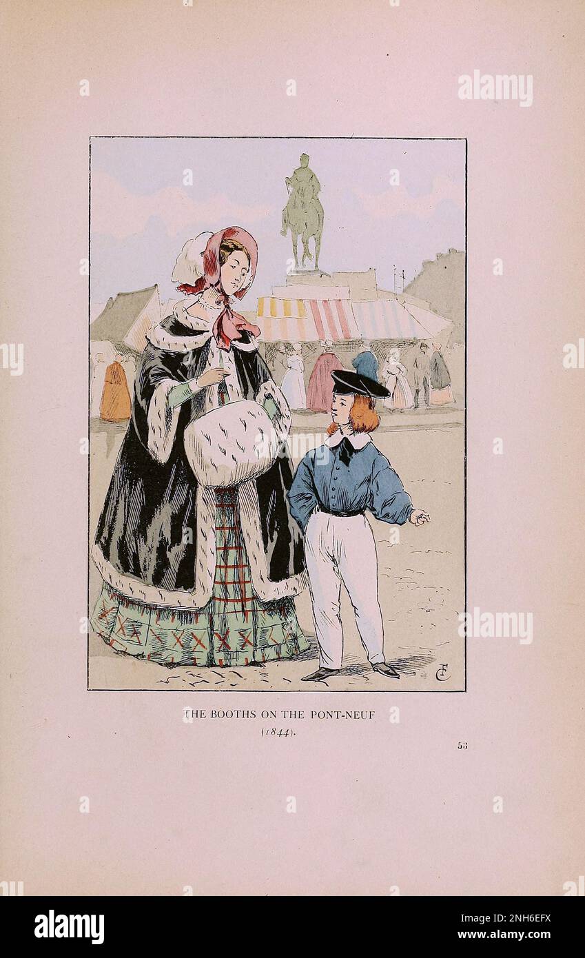 Mode vintage à Paris. Les cabines sur le Pont neuf, 1844. Les différentes phases du goût féminin et de l'esthétique de 1797 à 1897 Banque D'Images