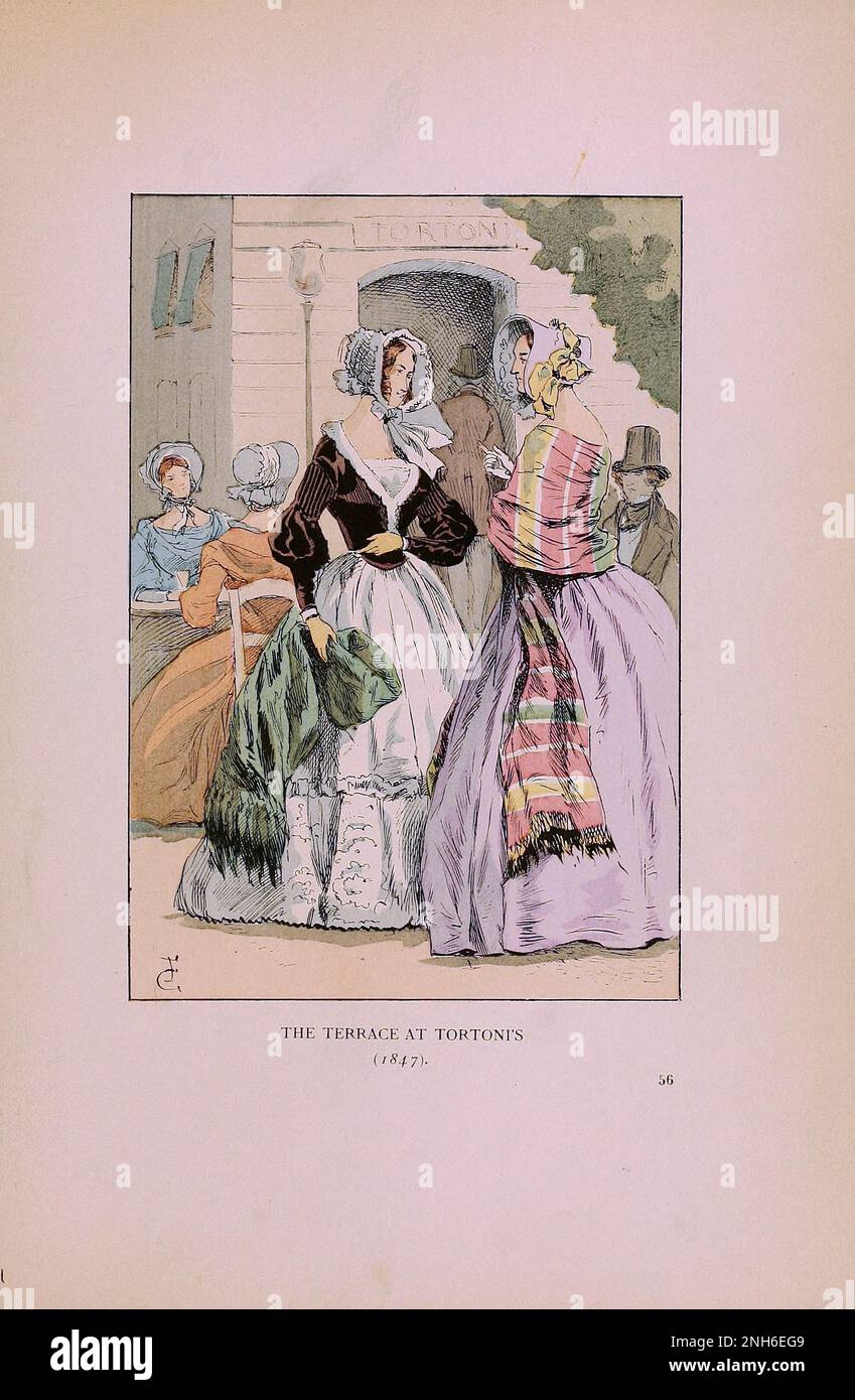 Mode vintage à Paris. La terrasse de Tortoni's, 1847. Les différentes phases du goût féminin et de l'esthétique de 1797 à 1897 Banque D'Images
