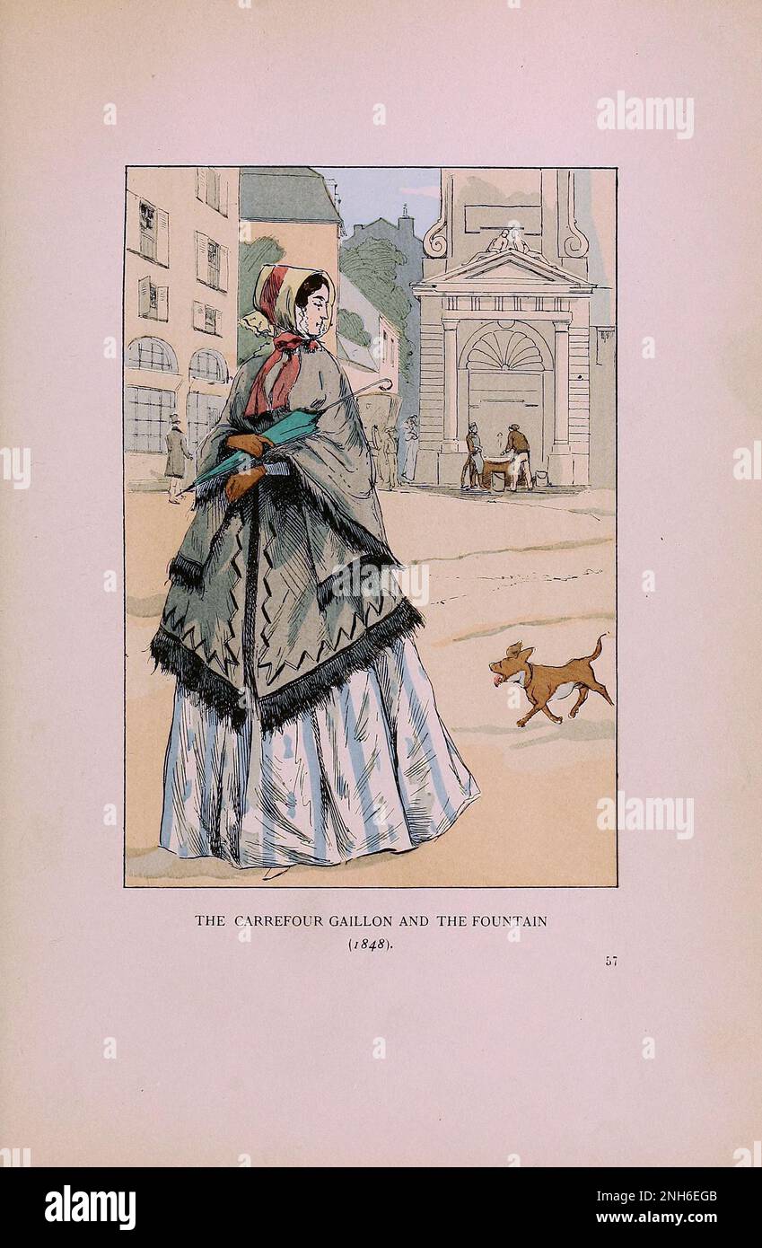 Mode vintage à Paris. Le Carrefour Gaillon et la Fontaine, 1848. Les différentes phases du goût féminin et de l'esthétique de 1797 à 1897 Banque D'Images