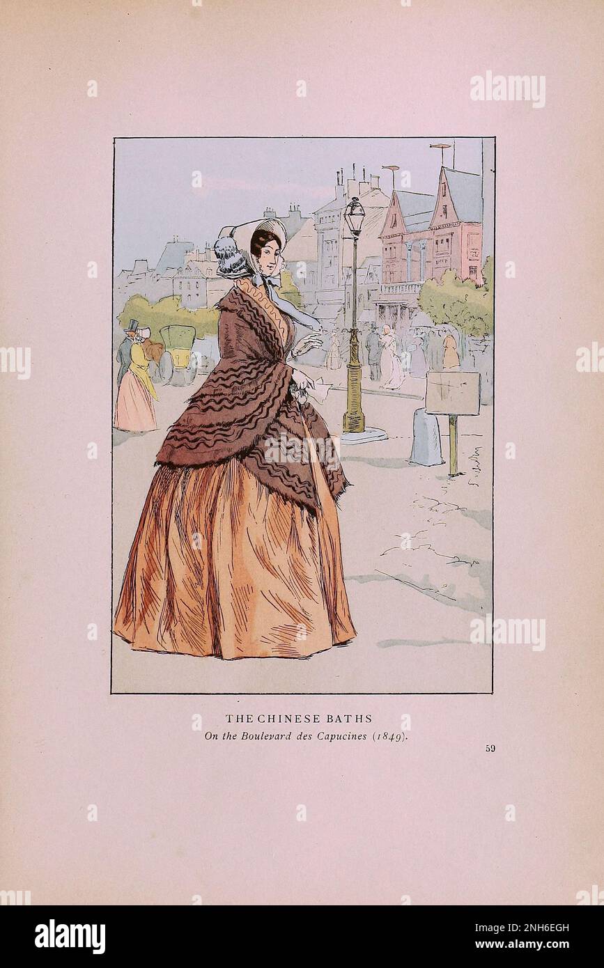 Mode vintage à Paris. Les bains chinois. Sur le boulevard des Capucines, 1849. Les différentes phases du goût féminin et de l'esthétique de 1797 à 1897 Banque D'Images