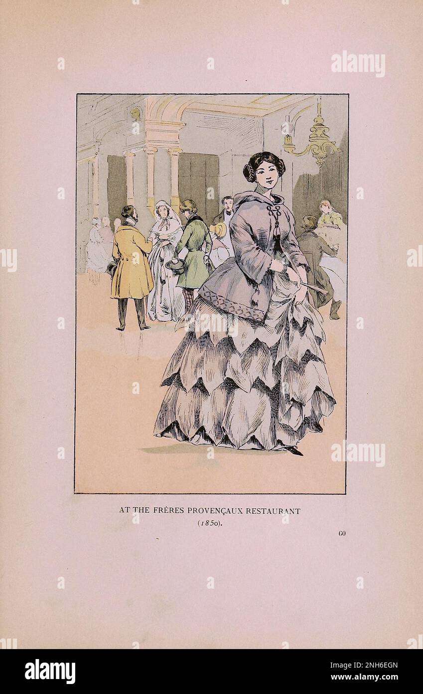 Mode vintage à Paris. Au restaurant Freres Provencaux, 1850. Les différentes phases du goût féminin et de l'esthétique de 1797 à 1897 Banque D'Images