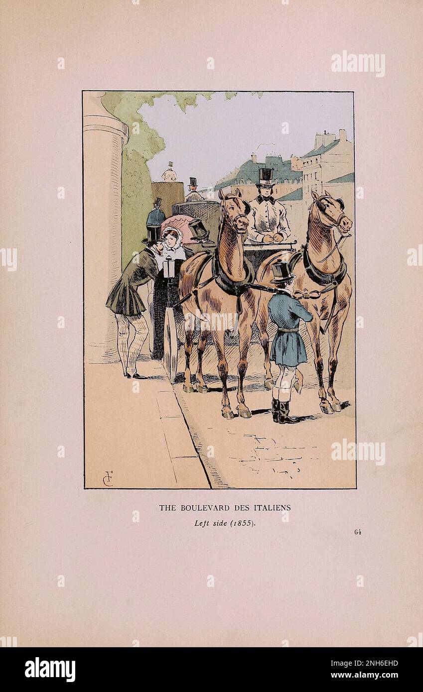Mode vintage à Paris. Le boulevard des Italiens. Côté gauche, 1855. Les différentes phases du goût féminin et de l'esthétique de 1797 à 1897 Banque D'Images