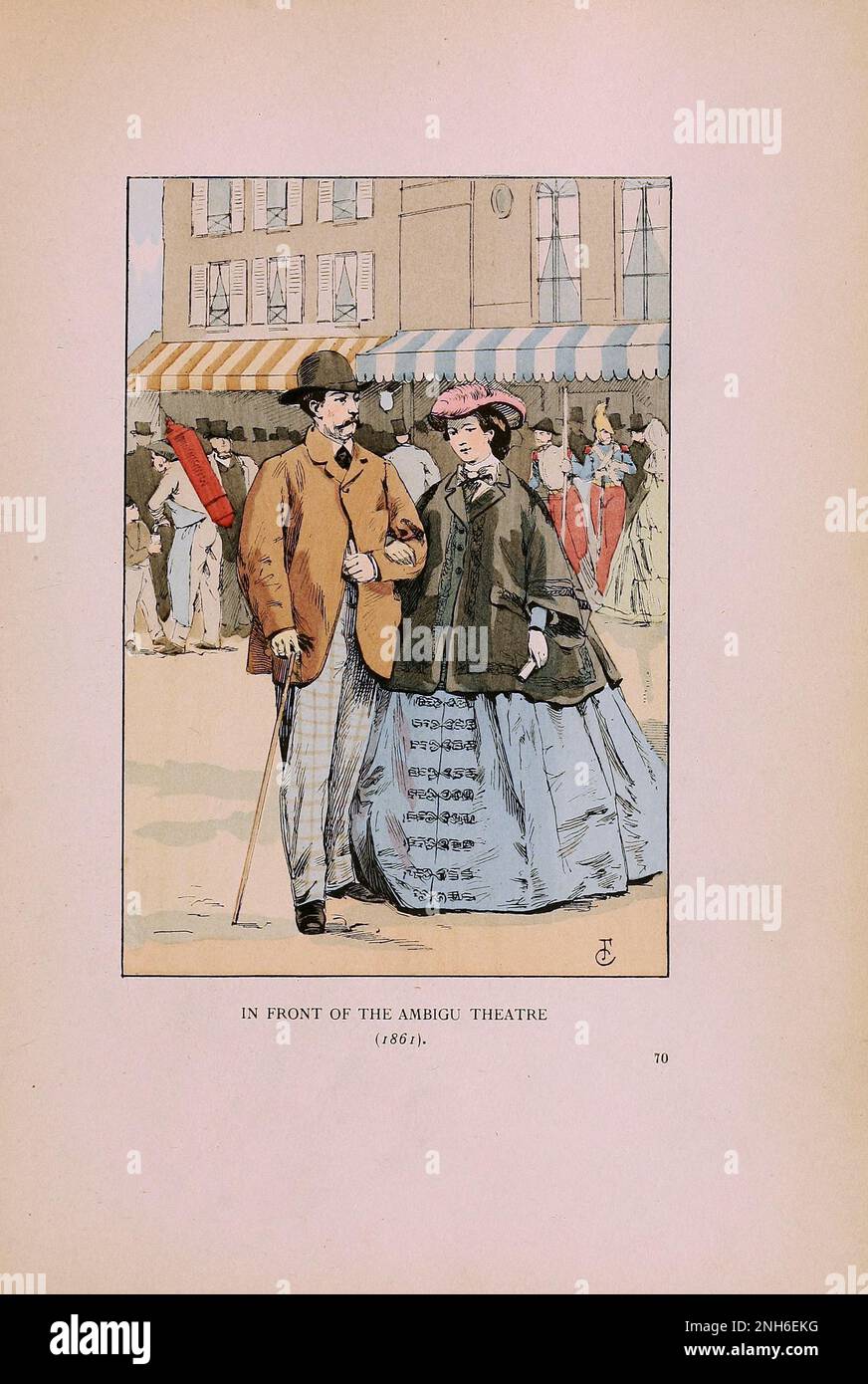 Mode vintage à Paris. Devant le théâtre Ambigu, 1861. Les différentes phases du goût féminin et de l'esthétique de 1797 à 1897 Banque D'Images