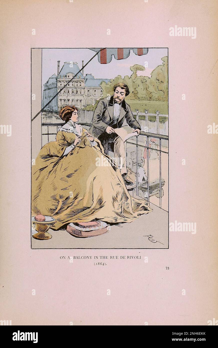 Mode vintage à Paris. Sur un balcon dans la rue de Rivoli, 1864. Les différentes phases du goût féminin et de l'esthétique de 1797 à 1897 Banque D'Images