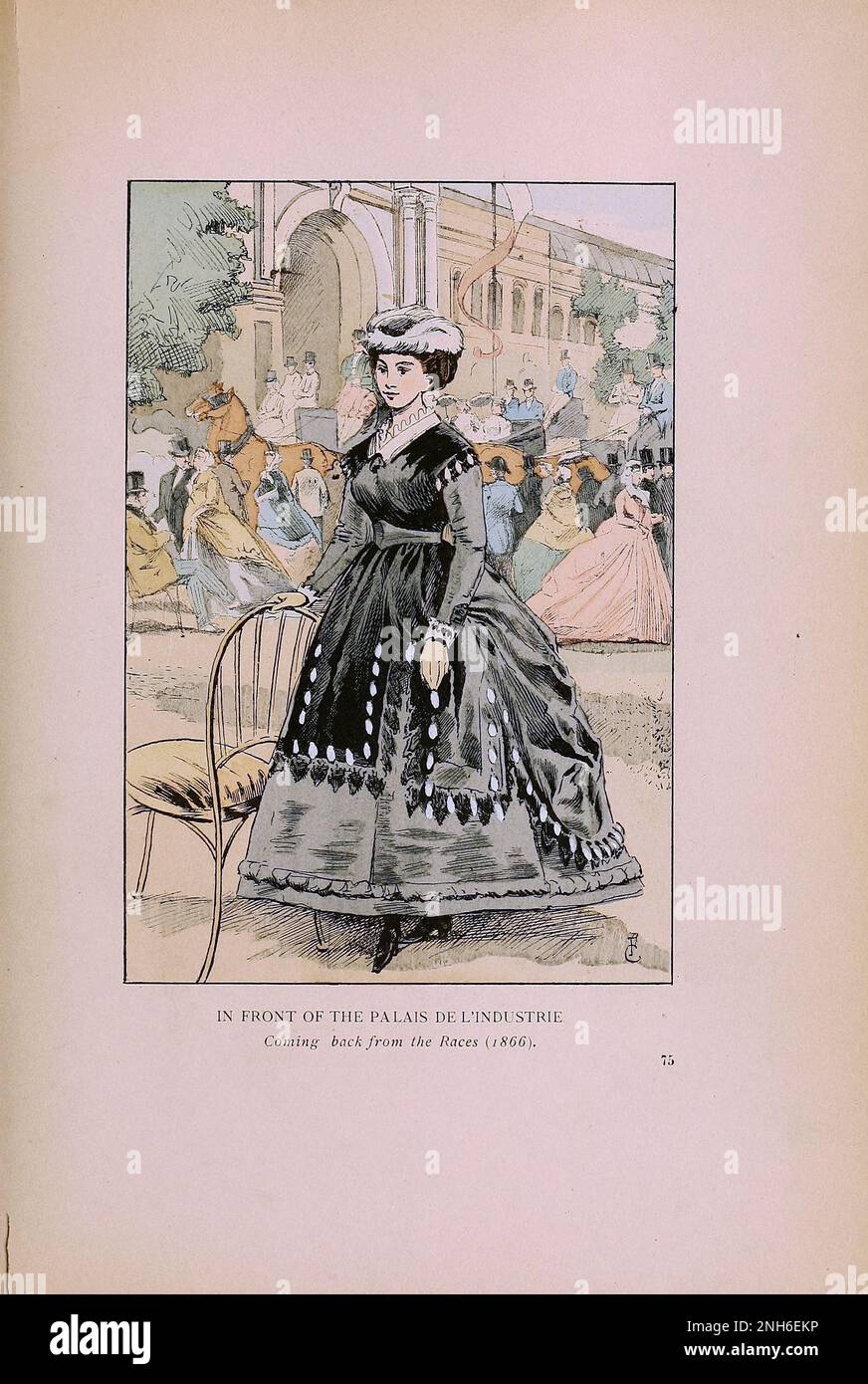 Mode vintage à Paris. Devant le Palais de l'Industrie. De retour des courses, 1866. Les différentes phases du goût féminin et de l'esthétique de 1797 à 1897 Banque D'Images