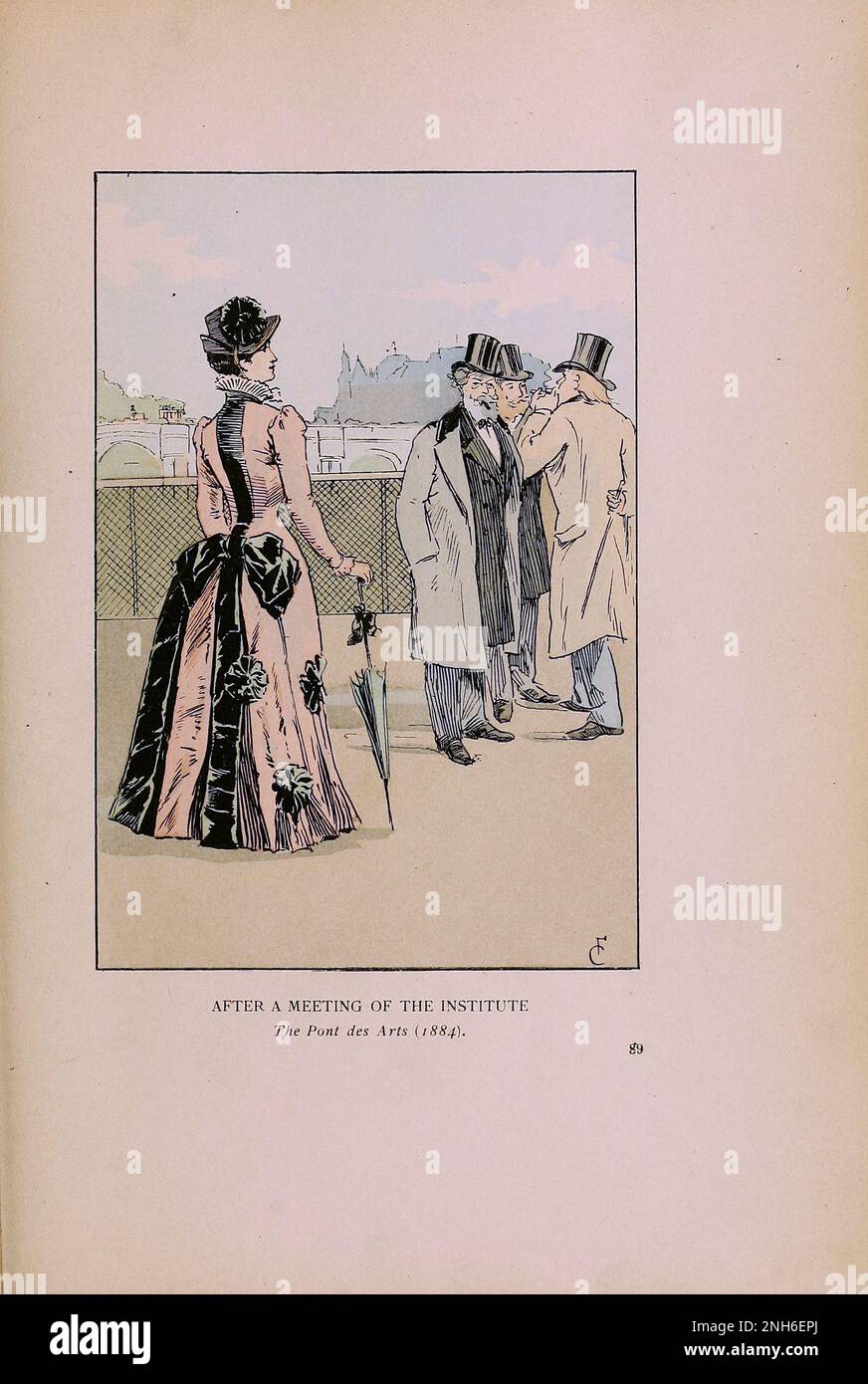 Mode vintage à Paris. Après une réunion de l'Institut. Le Pont des Arts, 1884. Les différentes phases du goût féminin et de l'esthétique de 1797 à 1897 Banque D'Images