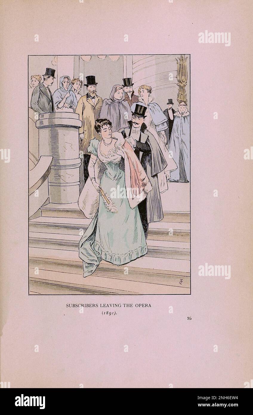 Mode vintage à Paris. Subuscribers quittant l'Opéra, 1891. Les différentes phases du goût féminin et de l'esthétique de 1797 à 1897 Banque D'Images