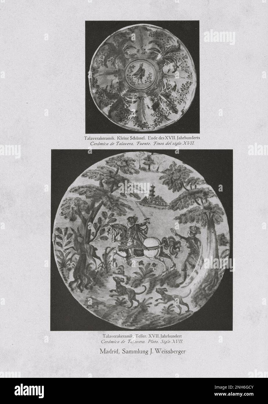 Art de la vieille Espagne. Photo d'époque de la poterie Talavera. Petit bol. Fin du XVII siècle (haut). Plaque. XVII siècle (bas). La poterie de Talavera (en espagnol: Talavera poblana) est une tradition de poterie mexicaine et espagnole de Talavera de la Reina, en Espagne. Banque D'Images