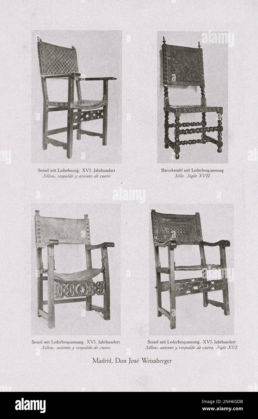 Art de la vieille Espagne. Photo vintage de fauteuil avec garniture en cuir. Le 16th siècle (en haut, à gauche). Chaise baroque avec garniture en cuir. XVII siècle (haut, droite) fauteuils avec garniture en cuir. Fauteuils du XVIe siècle (en bas à gauche) avec tissus en cuir. XVI siècle (en bas, à droite) Banque D'Images