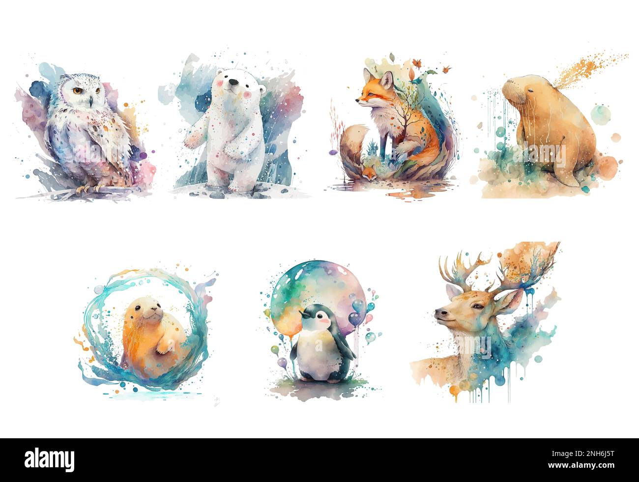 Collection D'aquarelles Des Animaux De L'arctique Polaire. Chouette  Enneigée. Renne. Ours Polaire. Renard. Morse De Pingouin. Phoq Illustration  Stock - Illustration du fond, sceau: 233891290