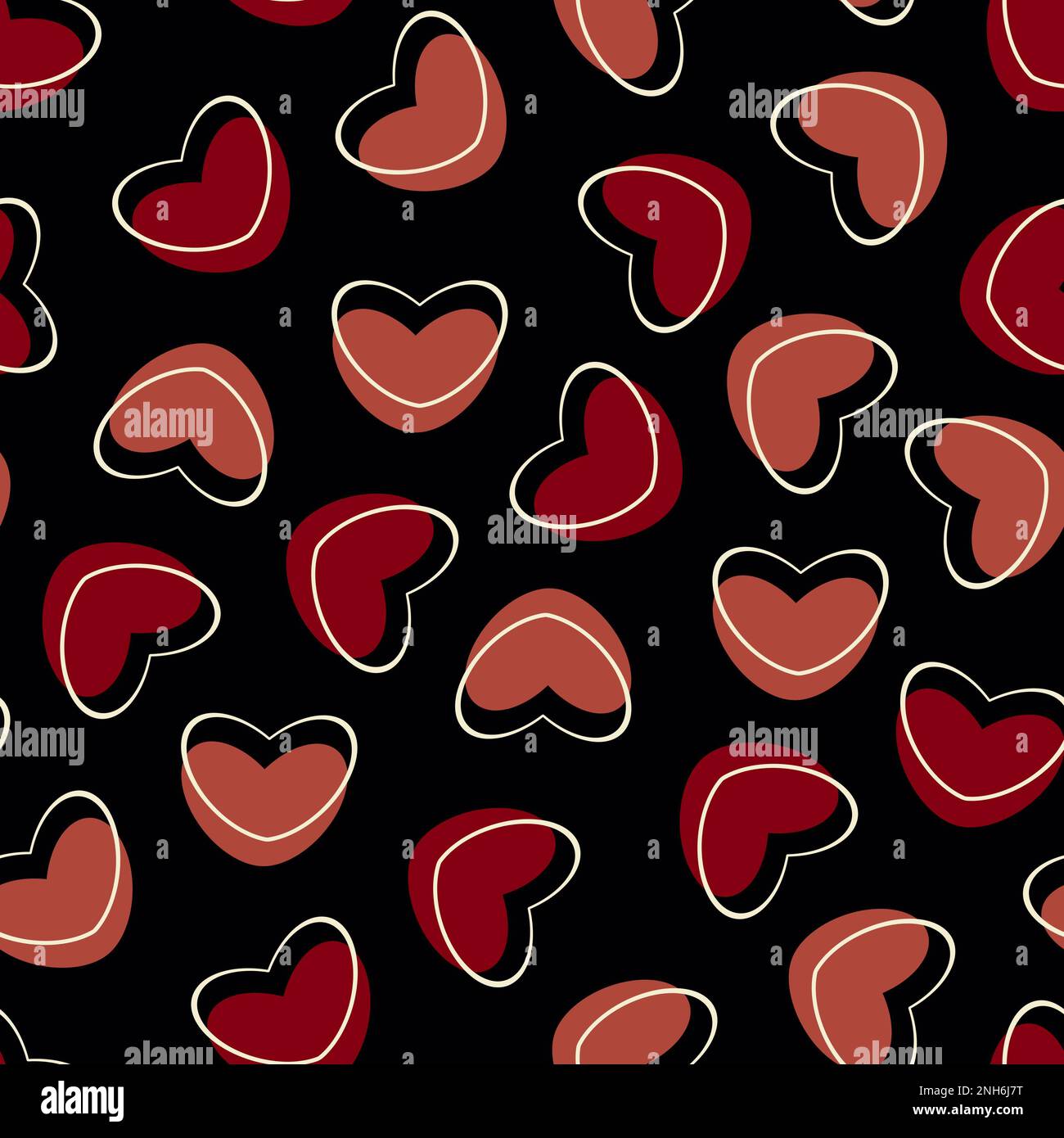 Motif sans coutures avec coeurs. Coeurs rouges et roses et contours blancs sur fond noir Banque D'Images