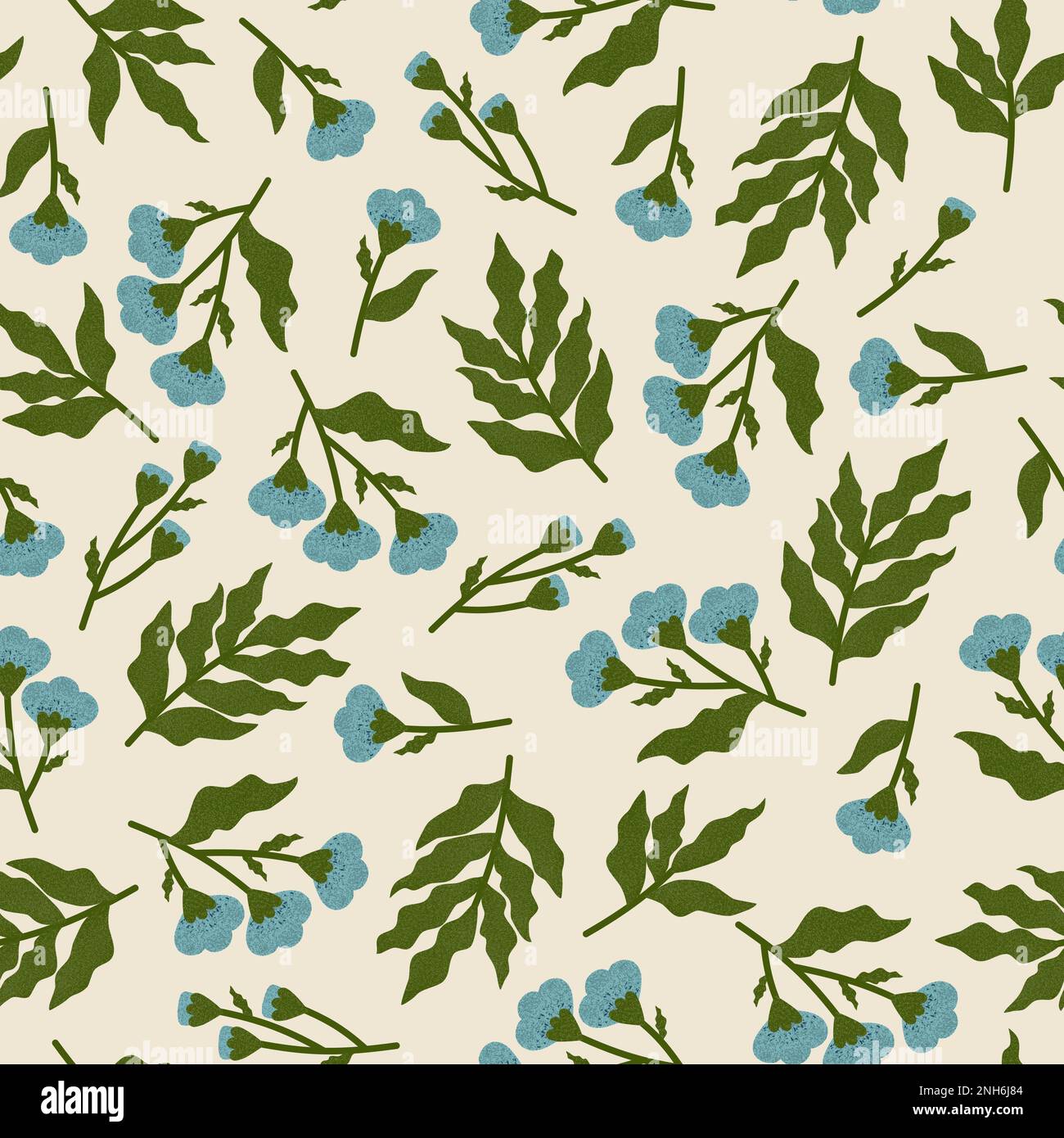 Motif sans couture avec fleurs bleues texturées isolées dessinées à la main et feuilles vertes. Plantes tropicales sur fond clair Banque D'Images