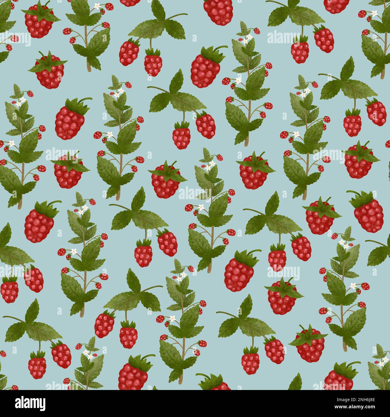 Motif framboise sans couture sur fond vert clair. Baie rouge isolée texturée avec feuilles et tiges vertes. Bouquet de plantes sauvages mignonnes. Illustration moderne Banque D'Images
