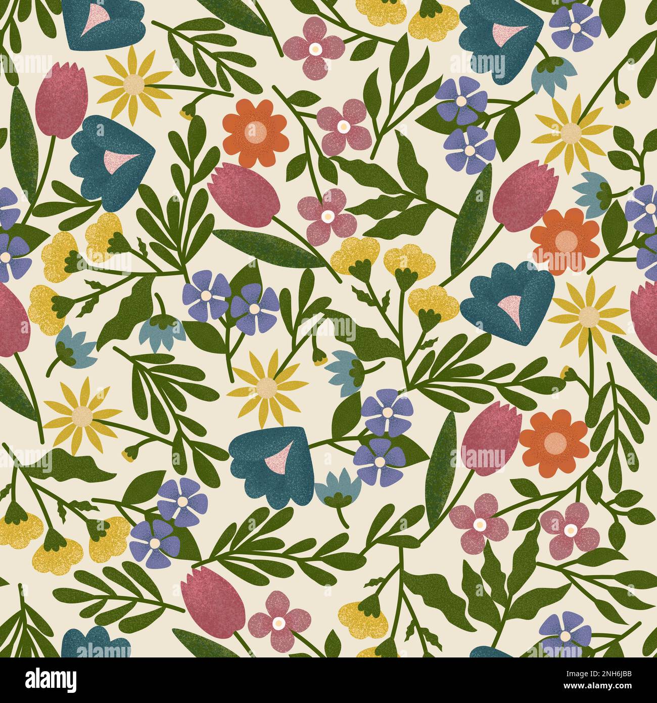 Bouquet de fleurs colorées qui se chevauchent.motif fleuri tendance sans couture avec fleurs sauvages et de jardin texturées, feuilles et branches. Arrière-plan tramé Banque D'Images