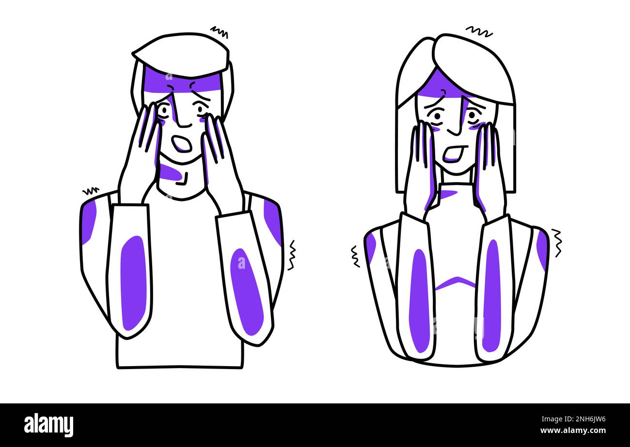L'homme et la femme effrayés, l'émotion de la peur, couvrent leur visage avec leurs mains. Mise en plan de ligne de style d'esquisse à demi-corps avec des points violets. Illustration de Vecteur