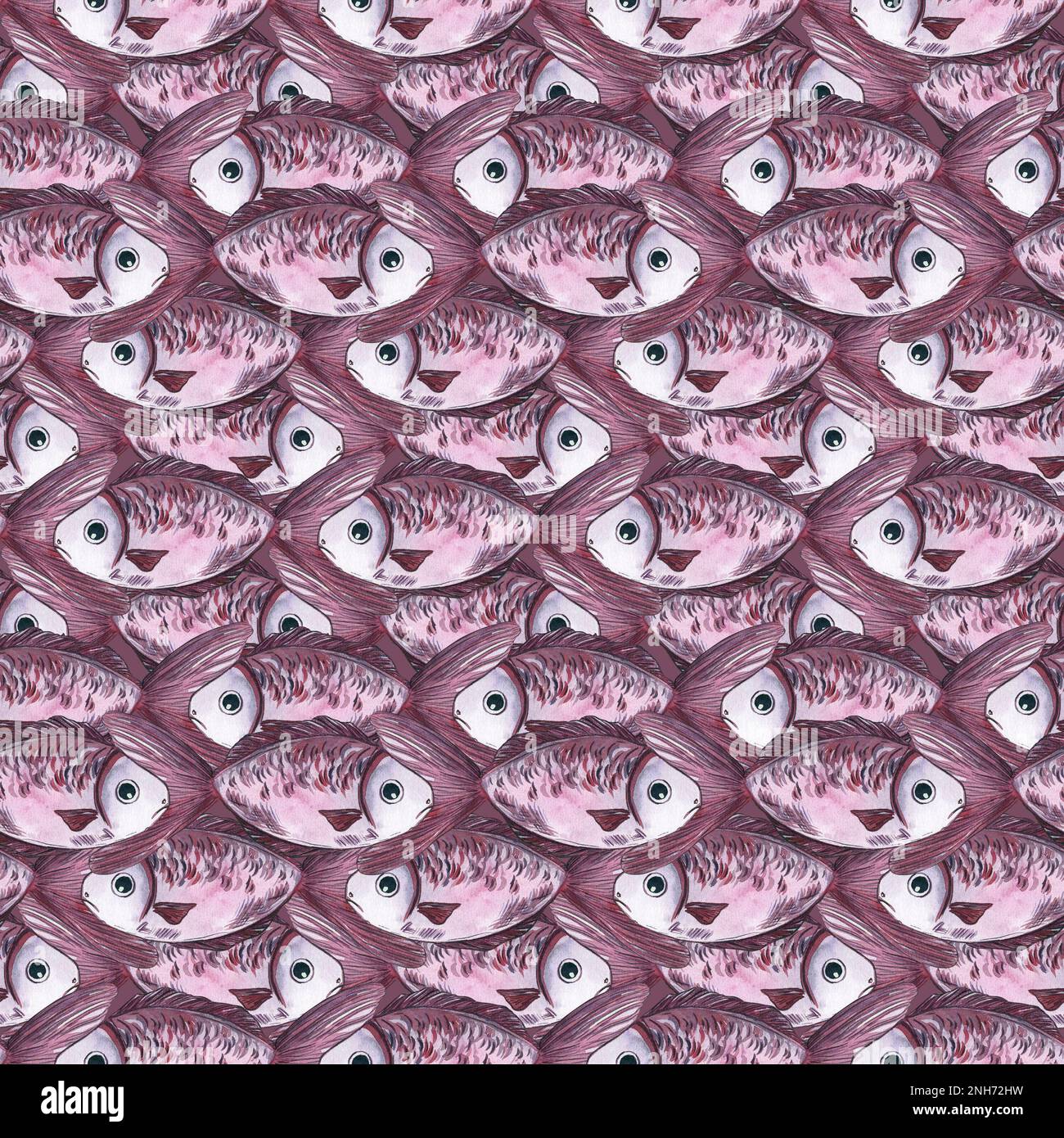 Motif aquarelle sans couture avec poisson de mer violet et rose, fond couleur viva magenta. Il convient pour l'impression, l'emballage, la vaisselle, les cartes postales Banque D'Images