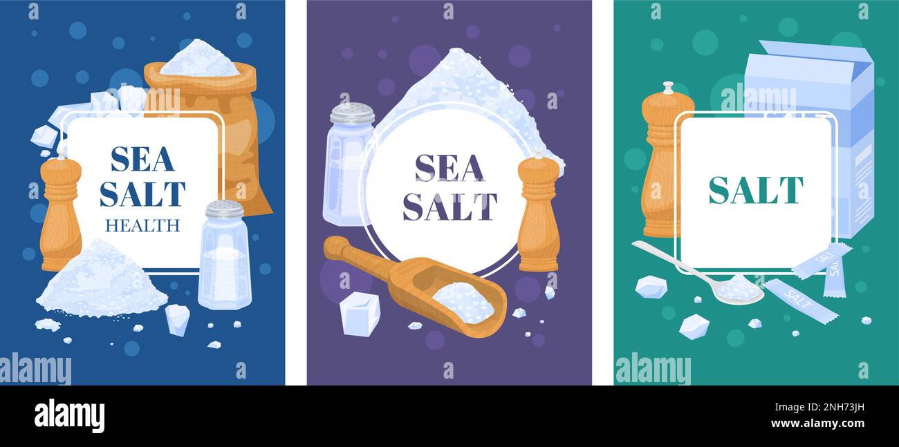 Cartes plates de sel de mer ensemble de trois compositions verticales avec des piles de paquets de sel et illustration de vecteur de texte Illustration de Vecteur