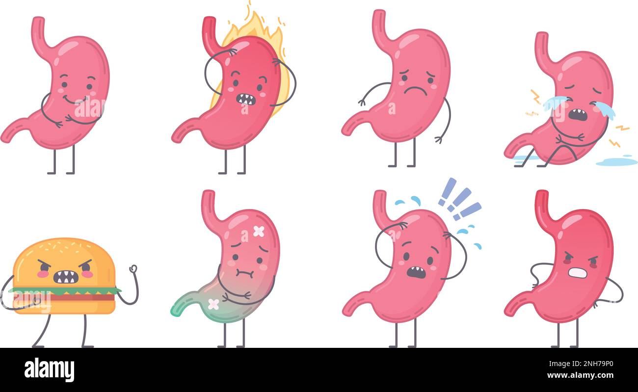 Organes humains ensemble de personnages isolés de style de dessin animé de l'estomac sain et malade avec illustration de vecteur de hamburger fou Illustration de Vecteur
