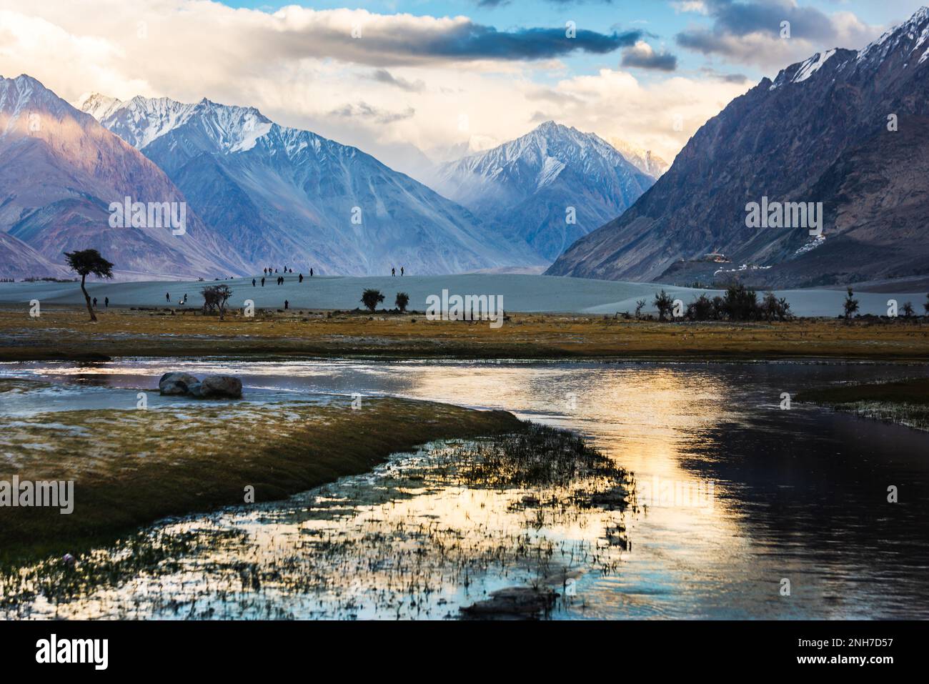 River & Mountain, Nubra Valley, Leh, Inde. Banque D'Images