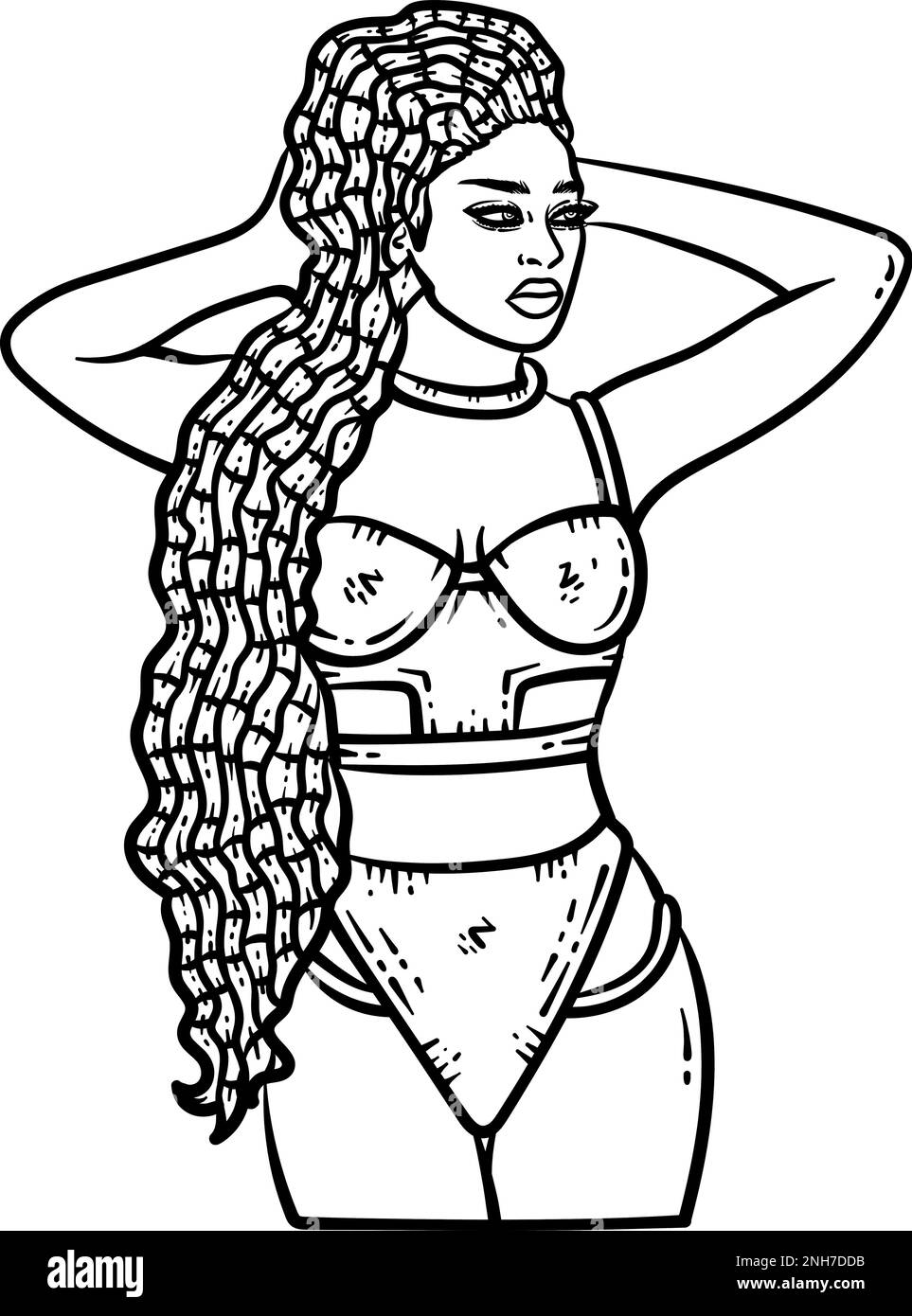 Fille afro d'été dans une ligne de bikini Art coloriage Illustration de Vecteur