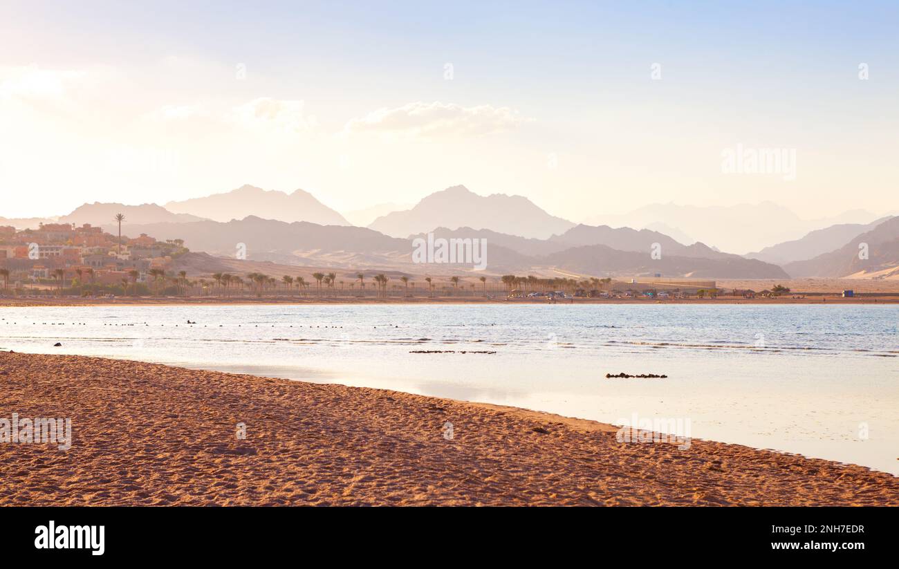 Côte de Nabq au nord de Sharm El Sheikh au coucher du soleil, golfe d'Aqaba, Sinaï Sud, Égypte. Banque D'Images