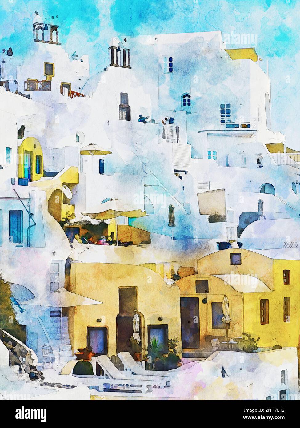 Illustration aquarelle de l'île de Santorin, Grèce. Aquarelle. Banque D'Images