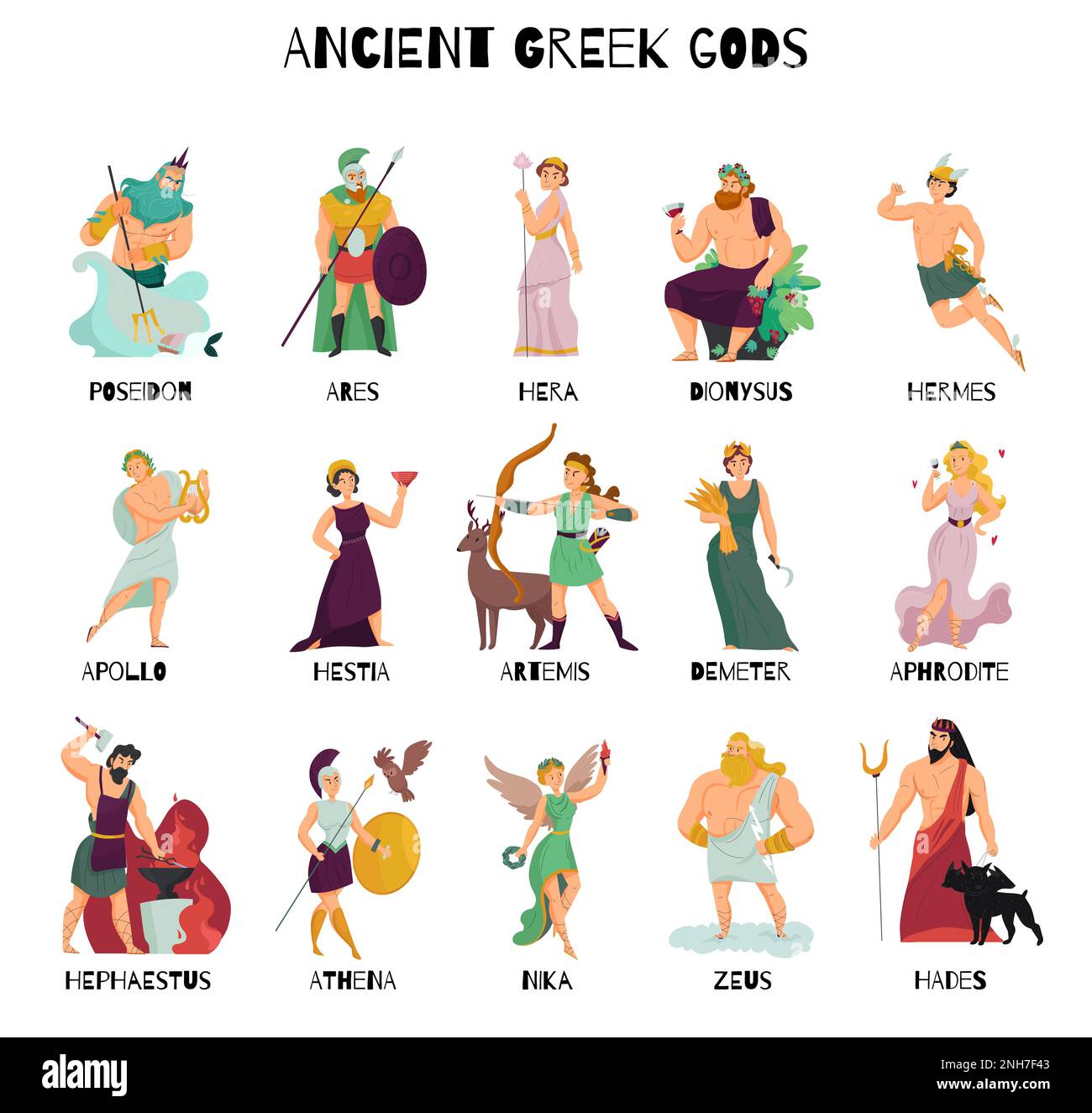 Icônes de dessins animés colorées avec des dieux grecs anciens hommes et femmes et leurs noms isolés sur fond blanc illustration vectorielle Illustration de Vecteur