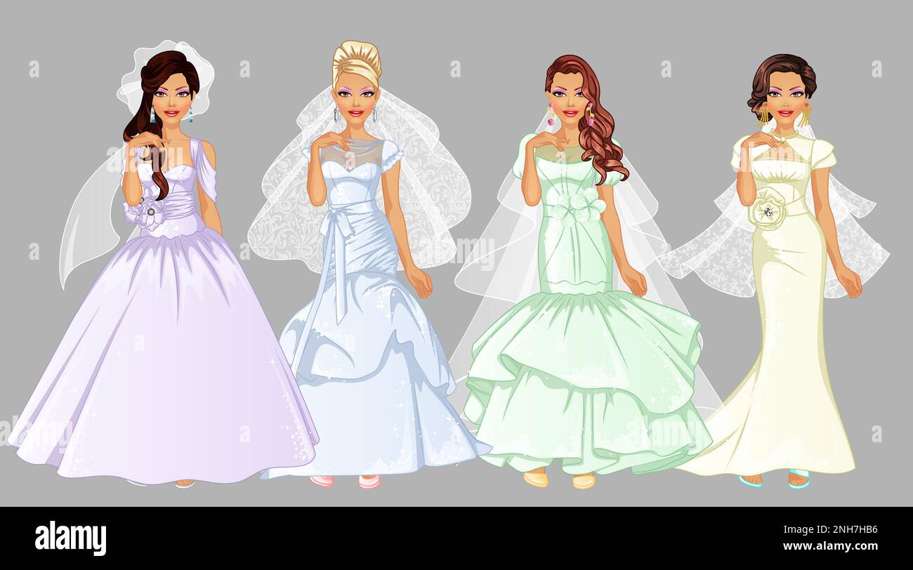 Ensemble de jolis personnages de dessin animé de mariée portant des robes de mariée et des voiles. Illustration vectorielle Illustration de Vecteur