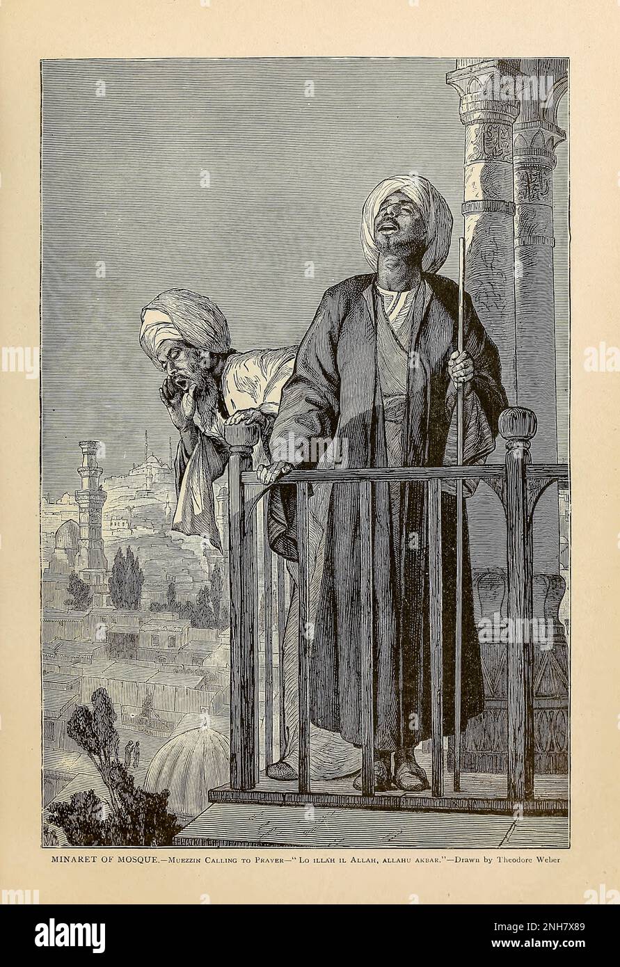 Muezzin appelle à des raies sur un minaret d'une mosquée de l'histoire universelle de Cyclopedia : embrassant la présentation la plus complète et la plus récente du sujet en deux parties principales ou divisions de plus de six mille pages par John Clark Ridpath, 1840-1900 Date de publication 1895 Editeur Boston : Balch Bros. Volume 6 Histoire de l'homme et de l'humanité Banque D'Images