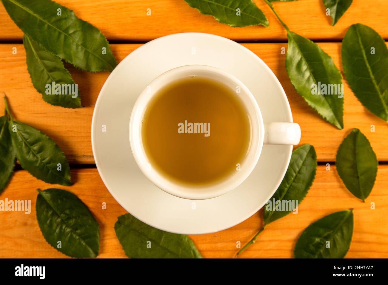 Feuilles de thé avec une tasse de thé vert, sur fond noir Banque D'Images