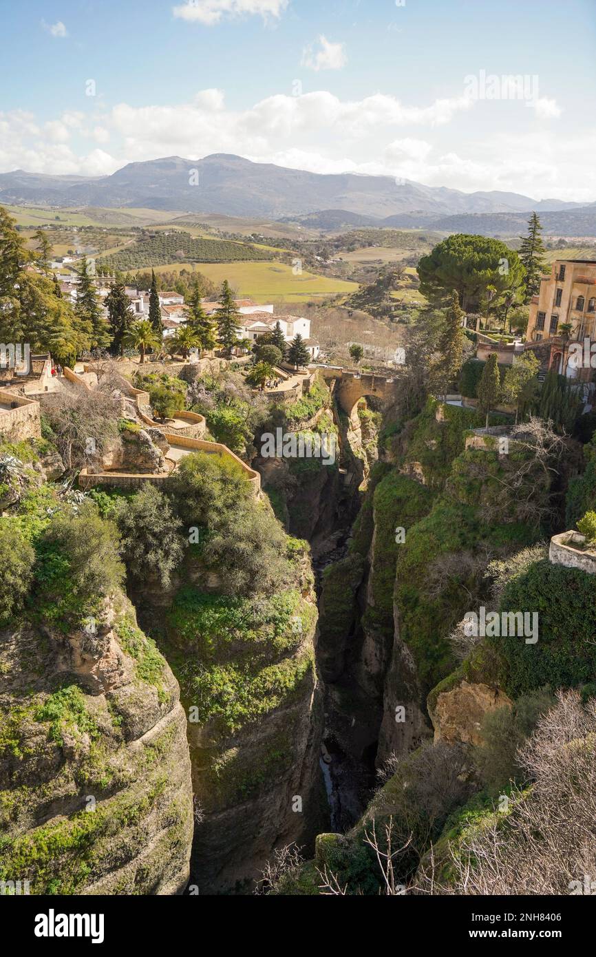 La profonde gorge Tajo de Ronda, qui sépare le village espagnol en deux du pont Puente Nuevo, Ronda, Andalousie, Espagne. Banque D'Images