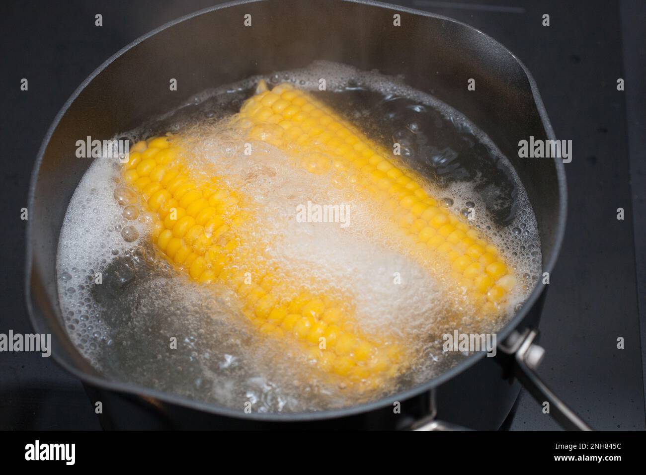Faire bouillir le maïs sucré dans une casserole sur la table de cuisson Banque D'Images