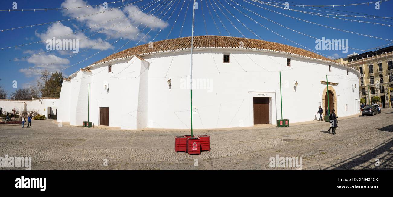 Ronda Bullring, bâtiment extérieur l'un des plus anciens arènes d'Espagne, Ronda, Andalousie, Espagne. Banque D'Images