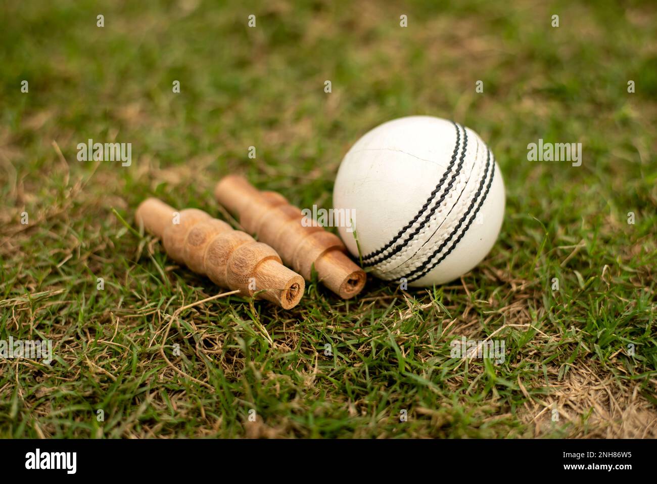 Balle de cricket et caution sur gazon vert en jouant sur le terrain Banque D'Images