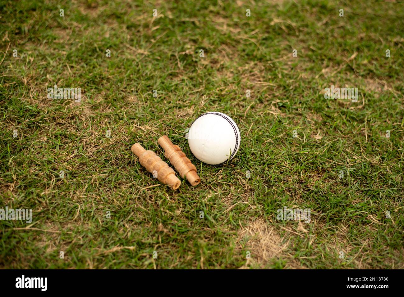 Balle de cricket et caution sur gazon vert en jouant sur le terrain Banque D'Images