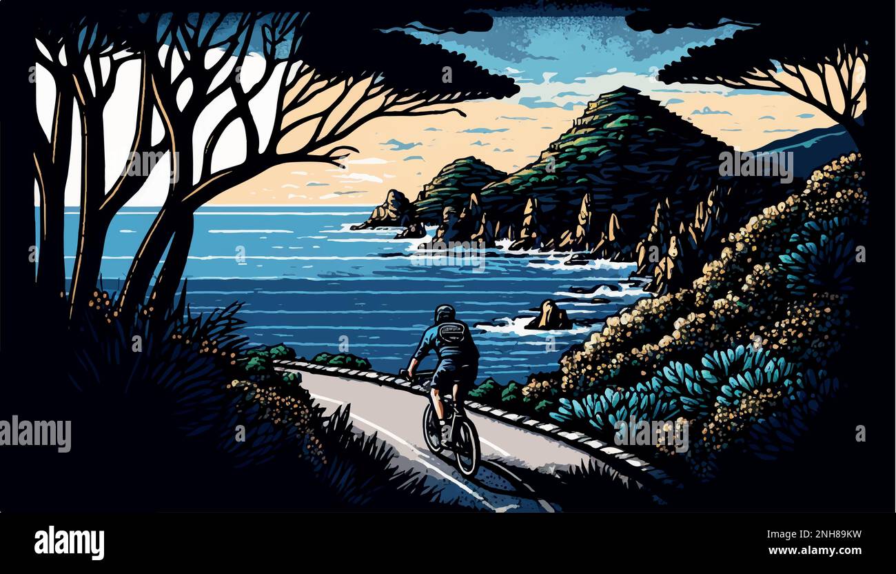 Cycliste sur une route de montagne océanique. Paysage de montagnes Illustration de Vecteur