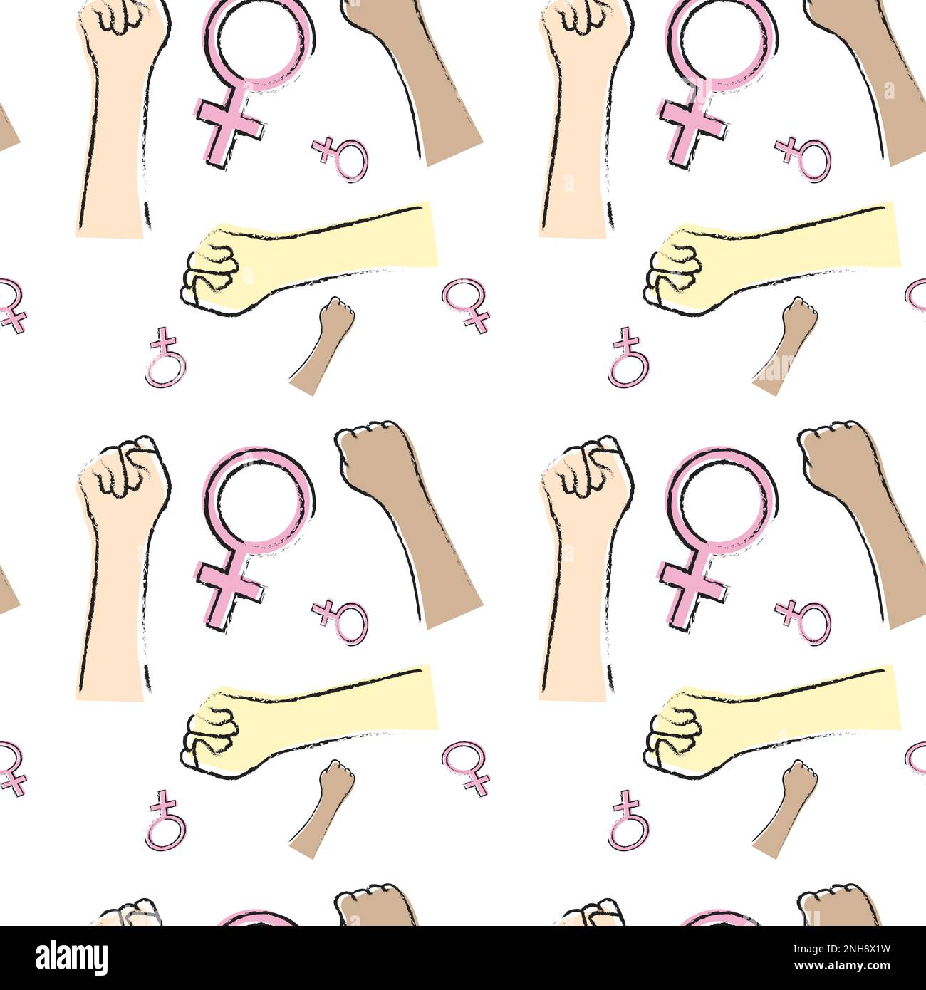 Motif sans couture avec les mains accrochés dans un poing, des femmes de différentes races et un symbole féminin. Le concept de la journée internationale de la femme sur 8 mars. Image vectorielle. Illustration de Vecteur