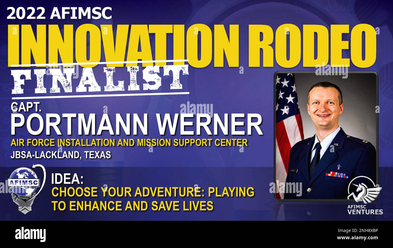 Aumônier (Capt.) Portmann Werner, membre de la division des aumôniers de l’AFIMSC, est l’un des huit finalistes du rodéo d’innovation 2022 du Centre d’installation et de soutien à la mission de la Force aérienne. (É.-U. Graphique de la Force aérienne par Jim Martinez) Banque D'Images