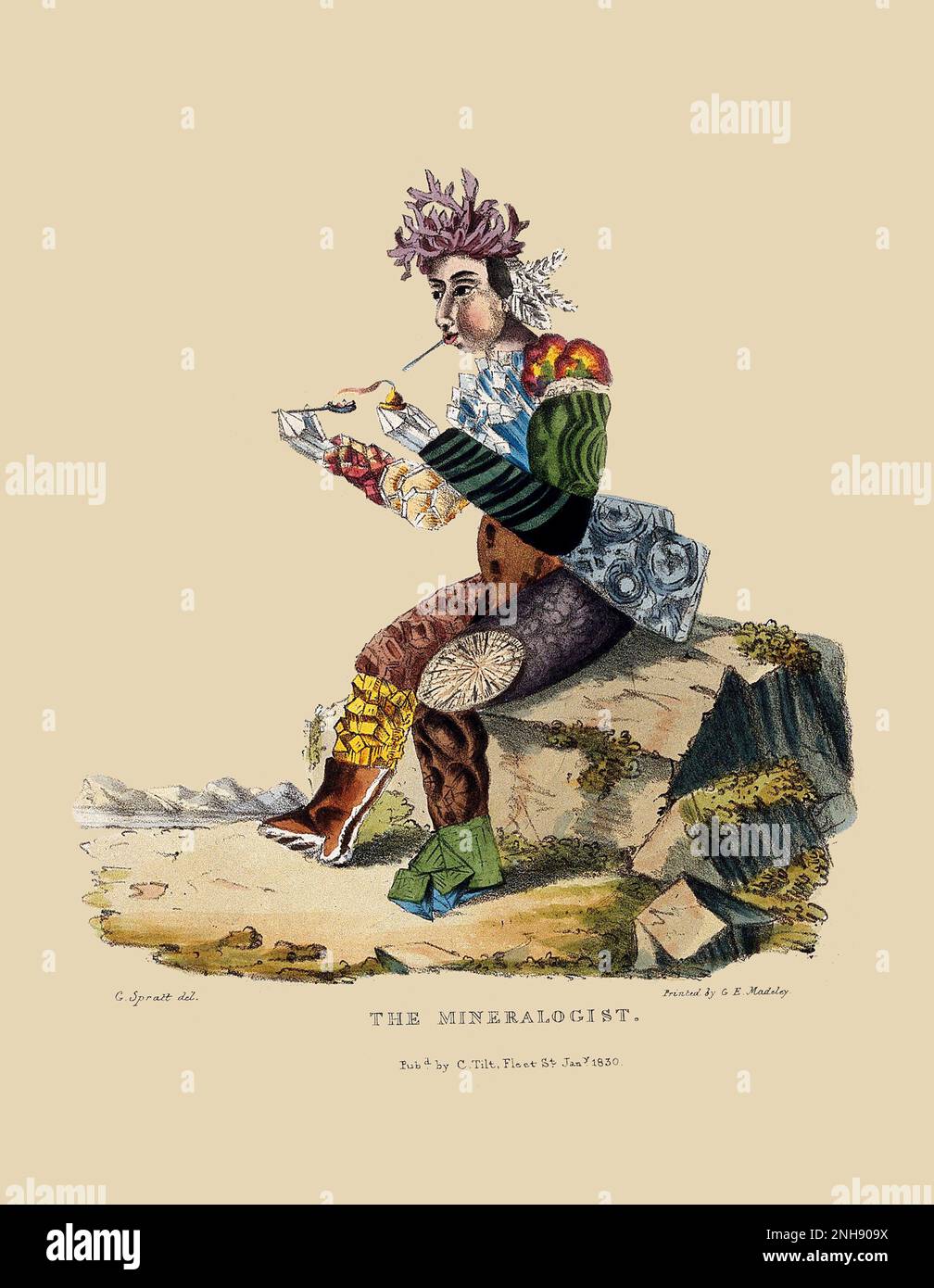 Le minéralogiste, une caricature d'un minéralogiste dont le corps est fait de roches. Lithographie colorée de G. E. Madeley, 1830 ans, d'après George Spratt. Avec arrière-plan coloré. Banque D'Images