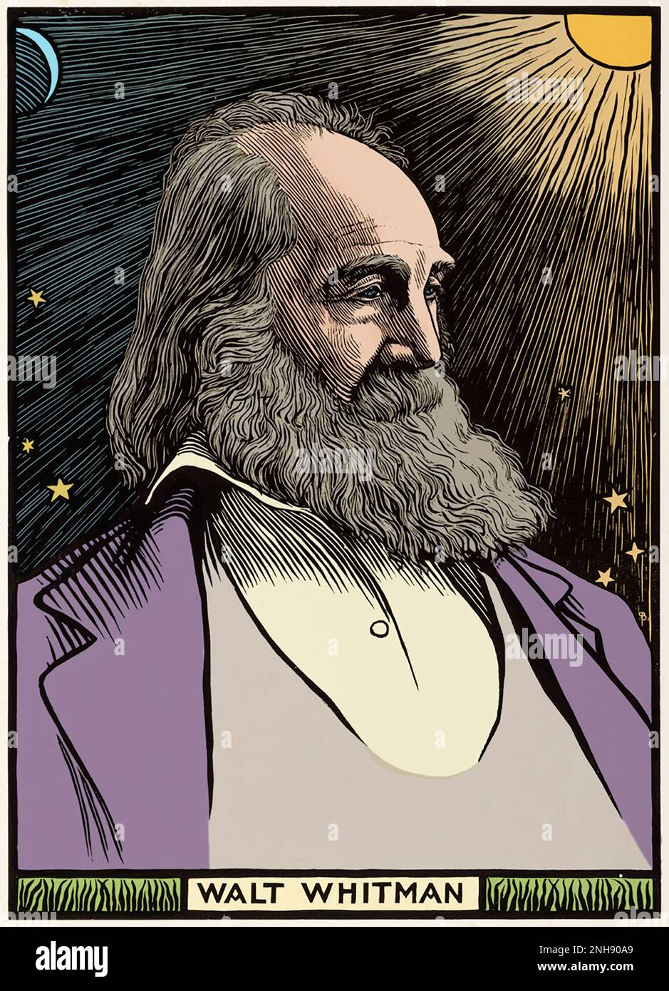 Walt Whitman (1819-1892), poète, essayiste et journaliste américain, célèbre pour sa collection de poésie de 1855 Leaves of Grass. Coupe de bois de Robert Bryden (1865-1939), artiste et sculpteur écossais, de 1899. Colorisé. Banque D'Images
