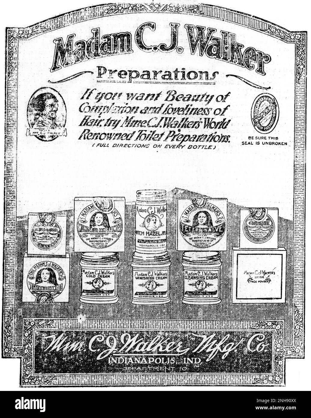 Ad pour Madame le juge en chef Produits pour cheveux Walker, 1920. Sarah Breedlove a.k.a. Madame le juge en chef Walker (1867-1919) a été la première femme millionnaire auto-fabriquée en Amérique. Walker a fait fortune en développant et en commercialisant une ligne de cosmétiques et de produits de soins capillaires pour les femmes noires par l'intermédiaire de l'entreprise qu'elle a fondée, Madame C. J. Walker Manufacturing Company. Banque D'Images Ad pour Madame le juge en chef Produits pour cheveux Walker, 1920. Sarah Breedlove a.k.a. Madame le juge en chef Walker (1867-1919) a été la première femme millionnaire auto-fabriquée en Amérique. Walker a fait fortune en développant et en commercialisant une ligne de cosmétiques et de produits de soins capillaires pour les femmes noires par l'intermédiaire de l'entreprise qu'elle a fondée, Madame C. J. Walker Manufacturing Company. Banque D'Images