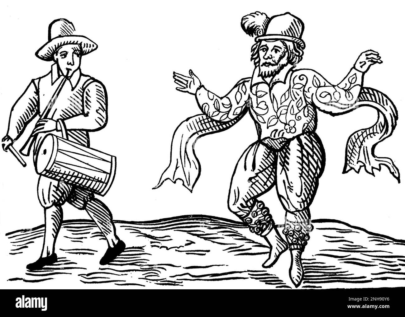 William Kempe (1560-1603), communément appelé Wwill Kemp, était un acteur et danseur anglais spécialisé dans les rôles comiques et mieux connu pour avoir été l'un des premiers joueurs dans les drames de William Shakespeare. Après son départ des hommes de Chamberlain, Kemp a continué à poursuivre sa carrière comme interprète. En février et mars 1600, il entreprit ce qu'il appellerait plus tard sa « merveille de neuf jours », dans laquelle il morris dansait de Londres à Norwich et publia par la suite une description de l'événement, dans lequel apparaît cette gravure (1600). Banque D'Images
