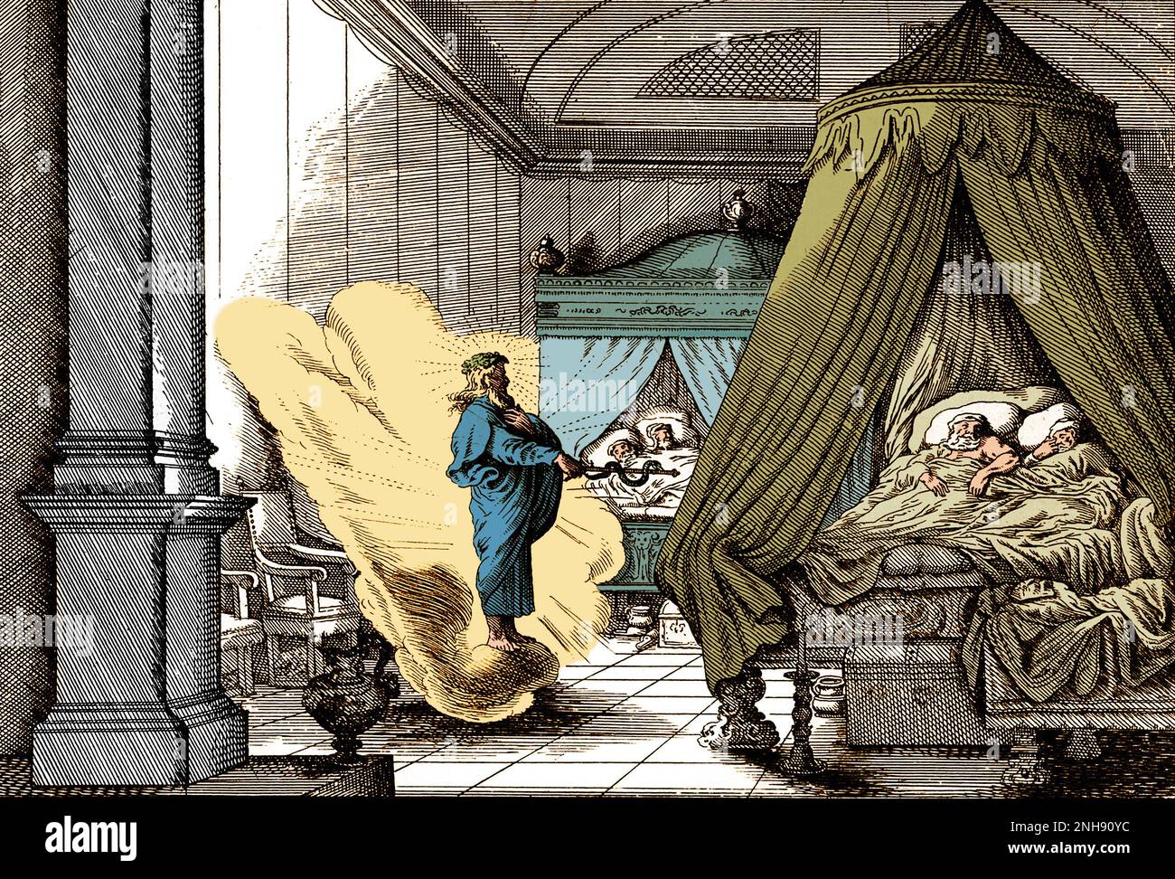 Asclepius, Dieu grec de la médecine, arrivant la nuit dans la chambre de coucher de quelques résidents grecs anciens d'Épidaure. Colorisé. Banque D'Images