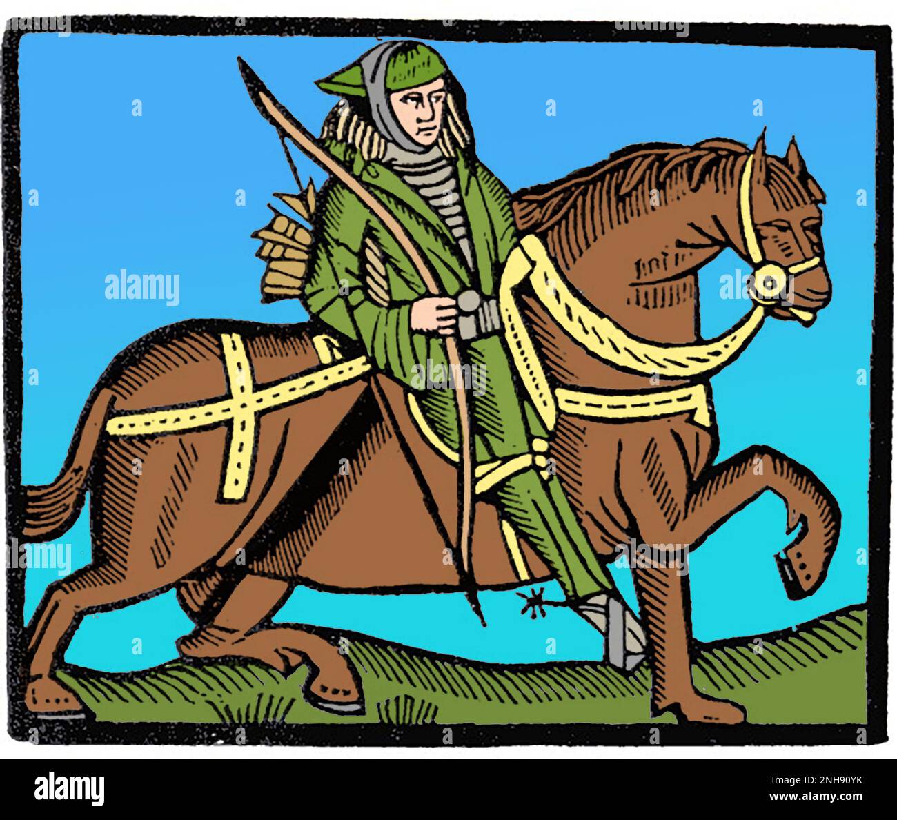 Robin Hood sur un cheval, illustration de la pièce de Robin des Bois et du shérif, c. 1475. Robin Hood était une figure populaire à la fin du Moyen-âge, qui aurait volé les riches et donné aux pauvres. Les ballades les plus connues avec lui sont du 15th siècle. Colorisé. Banque D'Images