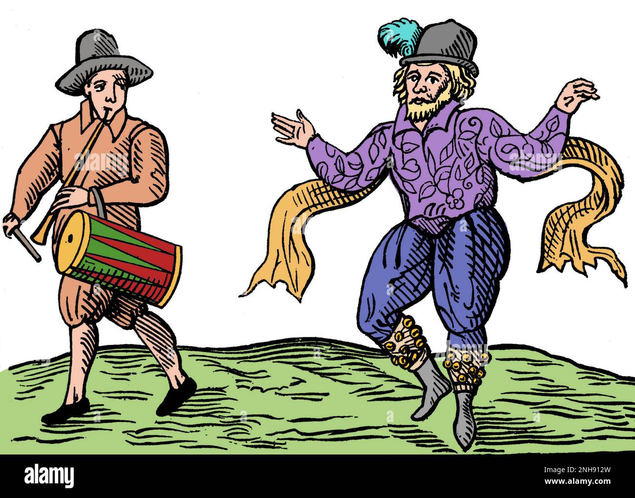 William Kempe (1560-1603), communément appelé Wwill Kemp, était un acteur et danseur anglais spécialisé dans les rôles comiques et mieux connu pour avoir été l'un des premiers joueurs dans les drames de William Shakespeare. Après son départ des hommes de Chamberlain, Kemp a continué à poursuivre sa carrière comme interprète. En février et mars 1600, il entreprit ce qu'il appellerait plus tard sa « merveille de neuf jours », dans laquelle il morris dansait de Londres à Norwich et publia par la suite une description de l'événement, dans lequel apparaît cette gravure (1600). Colorisé. Banque D'Images