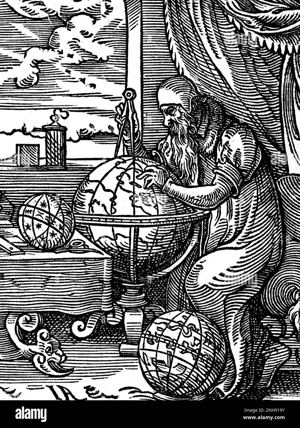 Un astronome et un astrologue dans son étude, traçant des points sur un globe avec une paire de diviseurs. Coupe de bois du Livre des métiers de Jost Amman, 1568. Banque D'Images