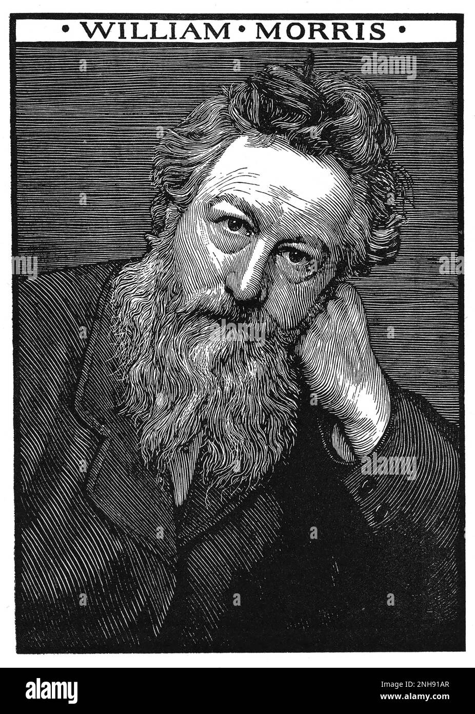William Morris (1834-1896) était un graphiste anglais de textile, poète, artiste, romancier, restaurationniste d'architecture, Imprimeur, traducteur et militant socialiste associé au mouvement des arts et métiers d'art britannique. Coupe de bois de Robert Bryden (1865-1939), artiste et sculpteur écossais, 1901. Banque D'Images