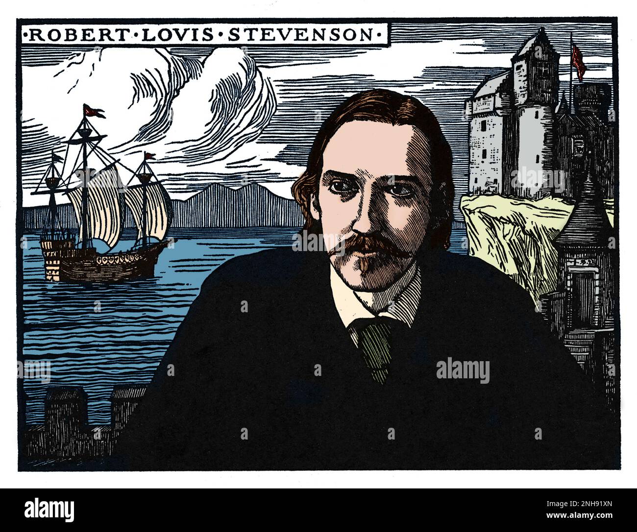 Robert Louis Stevenson (1850-1894), romancier, essayiste, poète et écrivain écossais. Coupe de bois de Robert Bryden (1865-1939), artiste et sculpteur écossais, 1901. Colorisé. Banque D'Images
