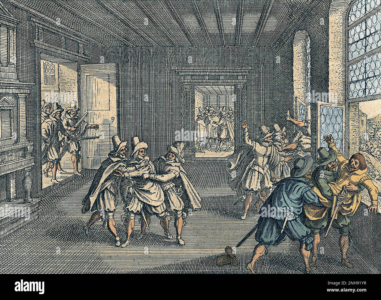 L'impression de Mathaus Merian de la défenestration de Prague en 1618. La défécation est l'acte de jeter quelqu'un hors d'une fenêtre. Le terme a été inventé au moment d'un incident au château de Prague en l'an 1618, qui est devenu l'étincelle qui a déclenché la guerre de trente ans. Un incident similaire s'est produit à l'hôtel de ville de Prague 200 ans plus tôt en 1419, ce qui a conduit à la guerre hussite. Gravure de 1662. Colorisé. Banque D'Images